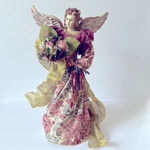 Vintage Angel Tree Topper Victorian Decor Porcelain Face Floral Gown Resin Wings